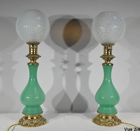PAIR OF OPALINE AND BRONZE LAMPS