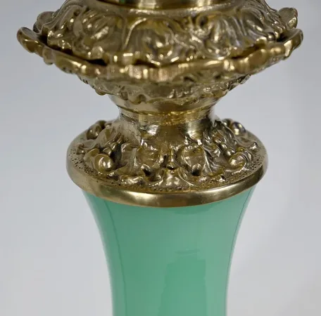 PAIR OF OPALINE AND BRONZE LAMPS