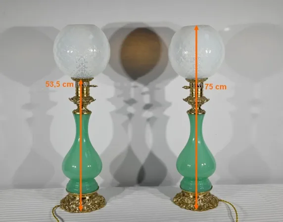PAIR OF OPALINE AND BRONZE LAMPS