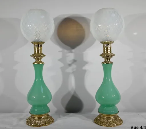 PAIR OF OPALINE AND BRONZE LAMPS