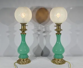 PAIR OF OPALINE AND BRONZE LAMPS