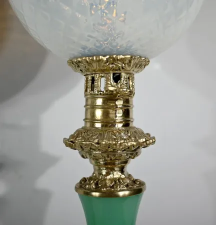 PAIR OF OPALINE AND BRONZE LAMPS