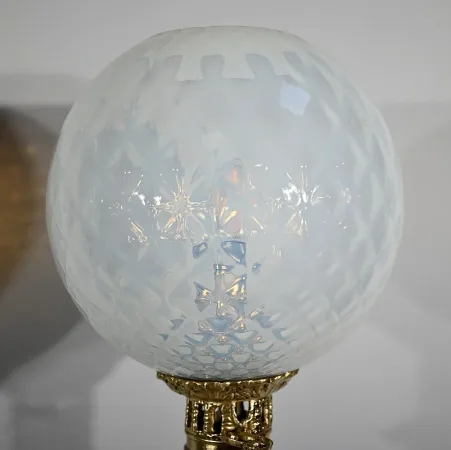 PAIR OF OPALINE AND BRONZE LAMPS