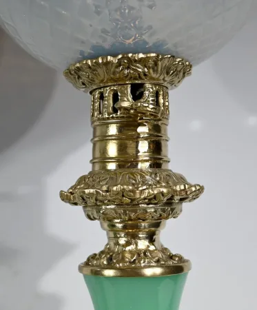 PAIR OF OPALINE AND BRONZE LAMPS