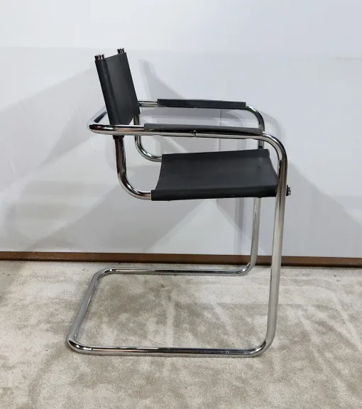 Fauteuil en Métal Chromé et Cuir noir, d'après M. Breuer - 1970