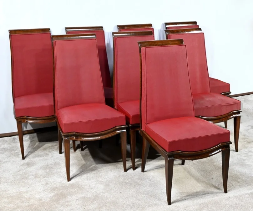 Suite de 8 Chaises en Hêtre Massif, attribuée à J.Leleu, Art Déco - 1940