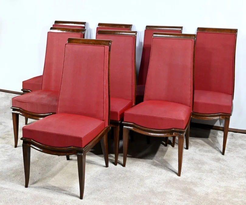 Suite de 8 Chaises en Hêtre Massif, attribuée à J.Leleu, Art Déco - 1940