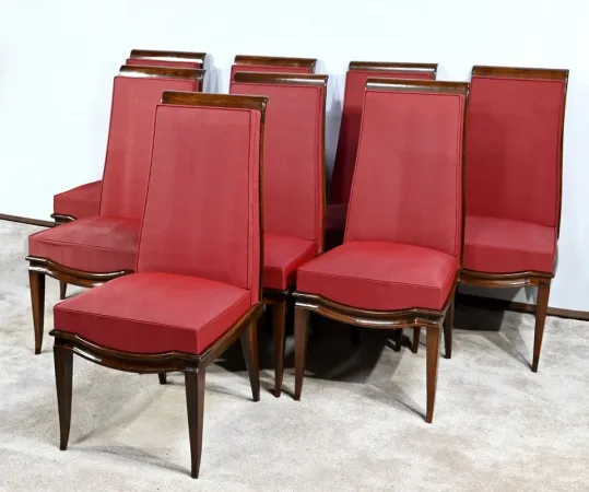 Suite de 8 Chaises en Hêtre Massif, attribuée à J.Leleu, Art Déco - 1940