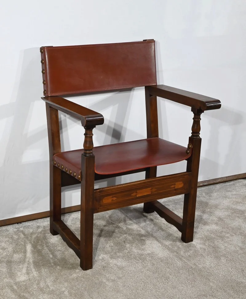 WALNUT AND LEATHER ARMCHAIR