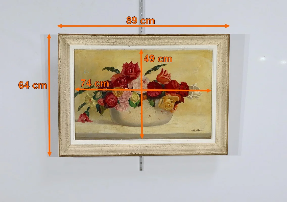 Grand Tableau « Nature Morte au bouquet de fleurs » signé Obligi - Début XXe