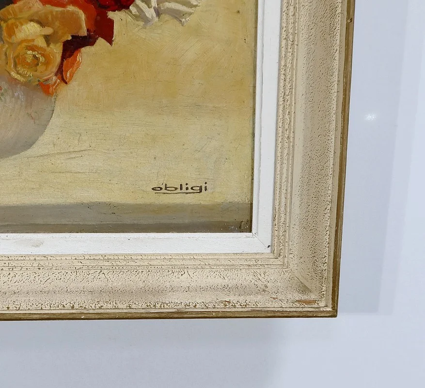 Grand Tableau « Nature Morte au bouquet de fleurs » signé Obligi - Début XXe