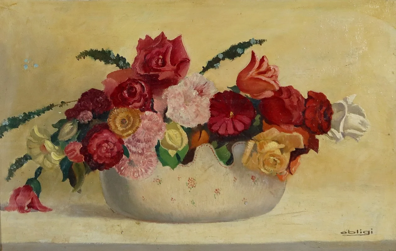 Grand Tableau « Nature Morte au bouquet de fleurs » signé Obligi - Début XXe