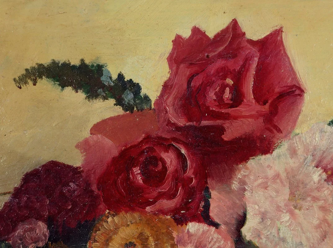 Grand Tableau « Nature Morte au bouquet de fleurs » signé Obligi - Début XXe