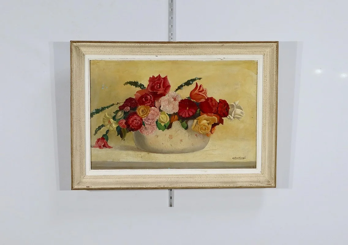 Grand Tableau « Nature Morte au bouquet de fleurs » signé Obligi - Début XXe