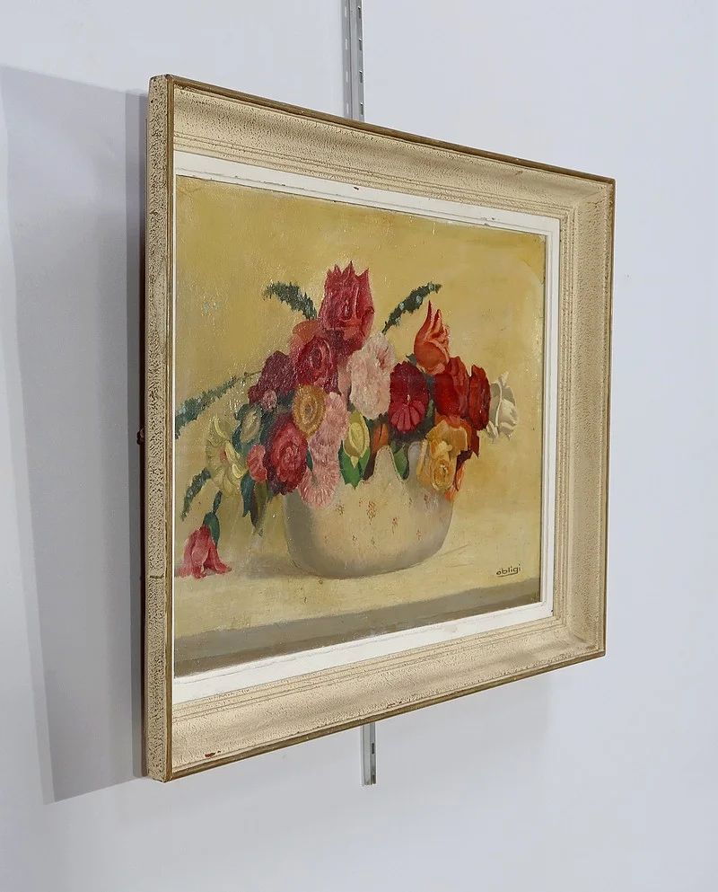Grand Tableau « Nature Morte au bouquet de fleurs » signé Obligi - Début XXe
