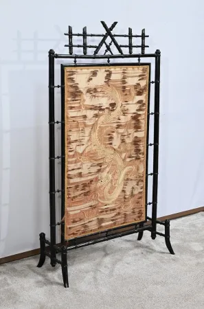 Écran de Cheminée en Bois noirci et Soierie, esprit Bambou – 1920
