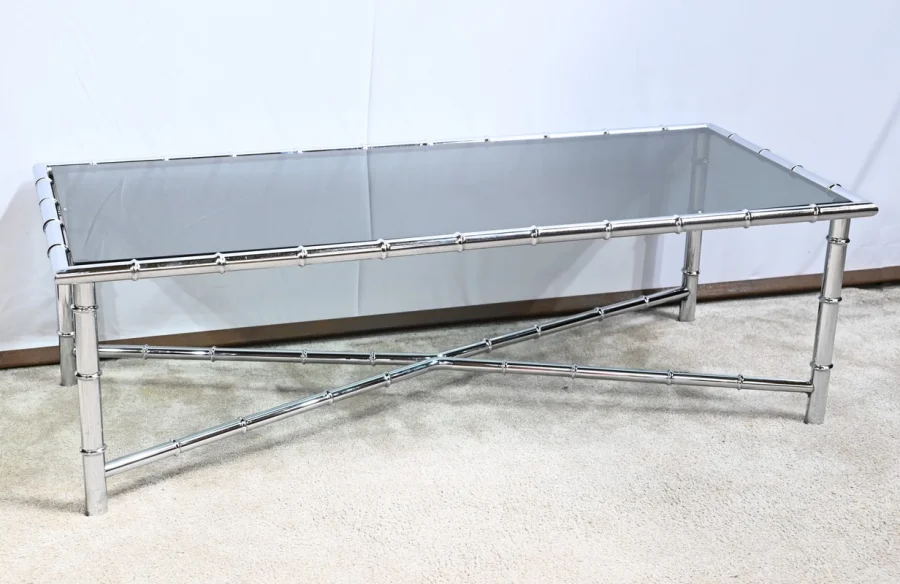 Table Basse en Métal Chromé, esprit Bambou – 1970