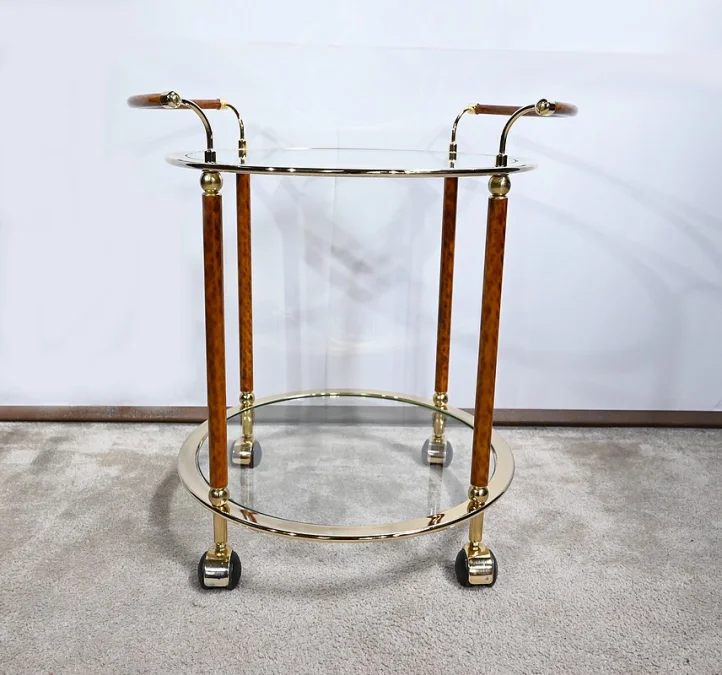 Table Roulante en Verre et Métal Doré – 1980
