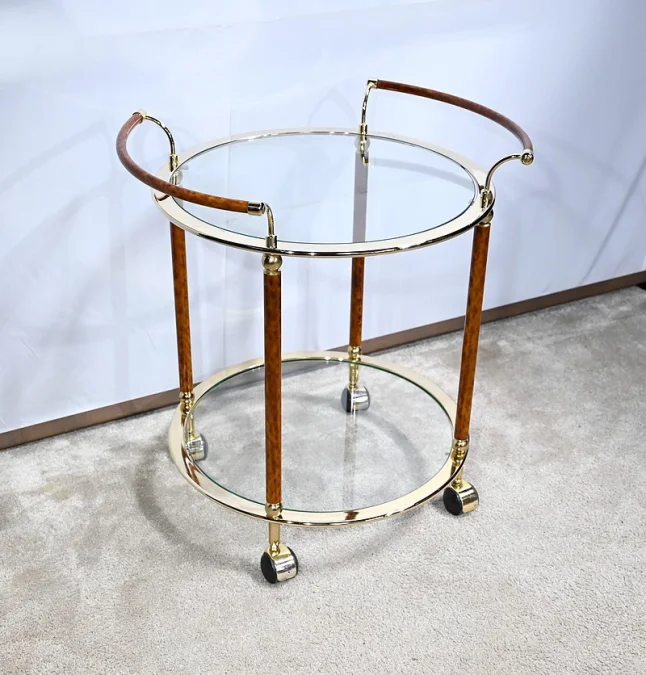 Table Roulante en Verre et Métal Doré – 1980