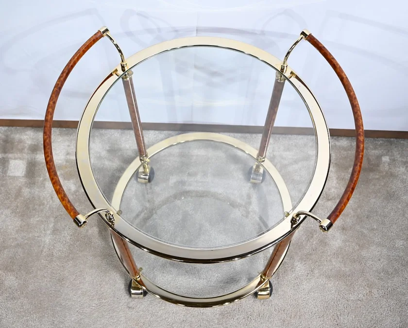 Table Roulante en Verre et Métal Doré – 1980
