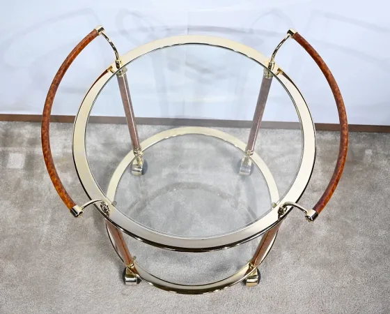 Table Roulante en Verre et Métal Doré – 1980
