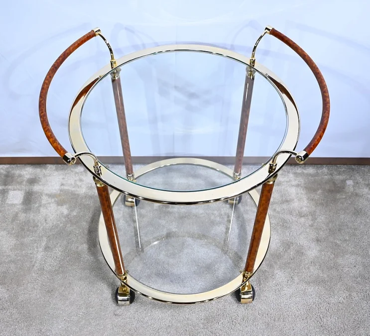 Table Roulante en Verre et Métal Doré – 1980