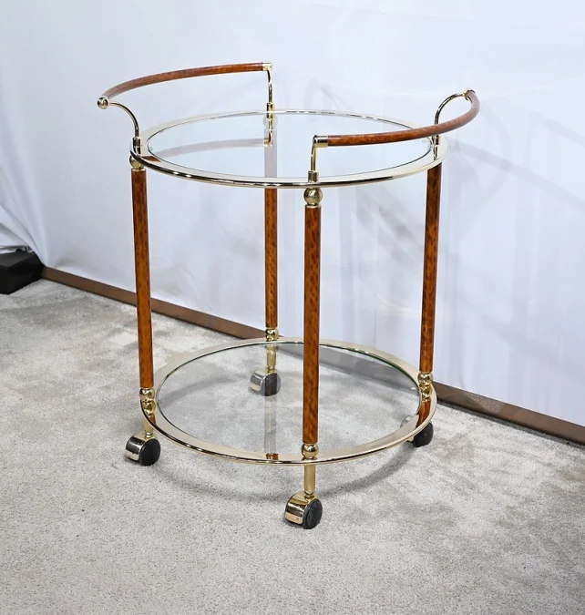 Table Roulante en Verre et Métal Doré – 1980