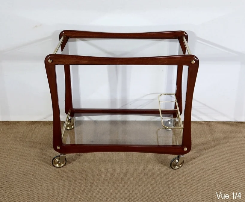 Paire de Tables Dessertes Roulantes en Acajou massif, Verre et Laiton - 1960