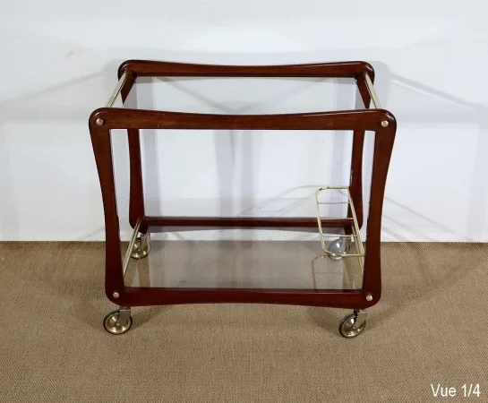 Paire de Tables Dessertes Roulantes en Acajou massif, Verre et Laiton - 1960