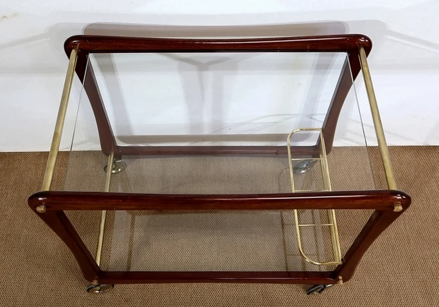 Paire de Tables Dessertes Roulantes en Acajou massif, Verre et Laiton - 1960