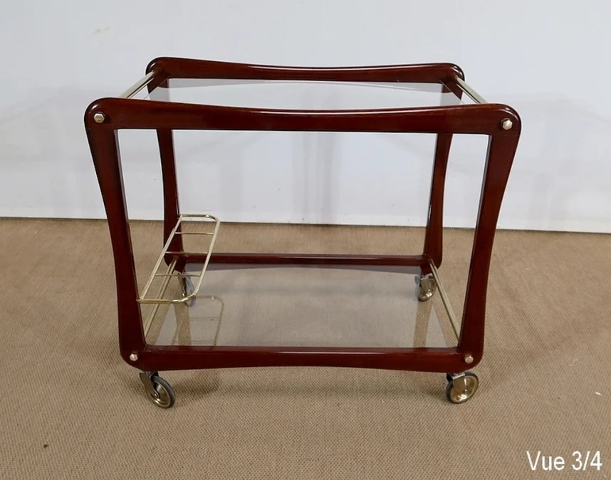 Paire de Tables Dessertes Roulantes en Acajou massif, Verre et Laiton - 1960