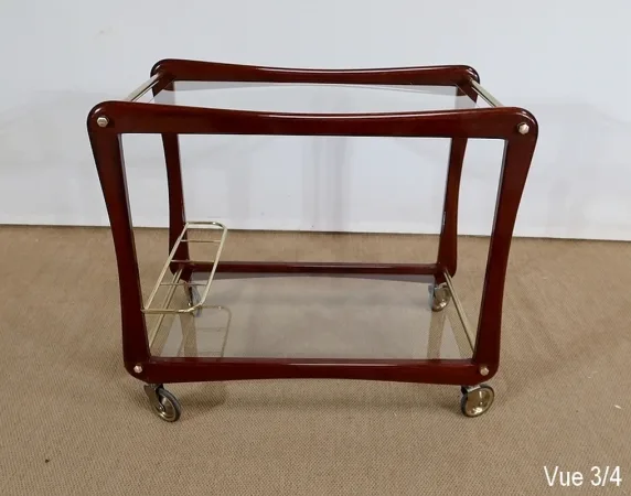 Paire de Tables Dessertes Roulantes en Acajou massif, Verre et Laiton - 1960