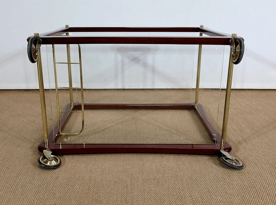 Paire de Tables Dessertes Roulantes en Acajou massif, Verre et Laiton - 1960