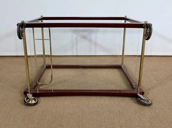 Paire de Tables Dessertes Roulantes en Acajou massif, Verre et Laiton - 1960