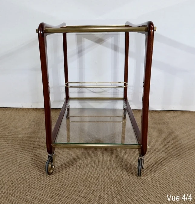 Paire de Tables Dessertes Roulantes en Acajou massif, Verre et Laiton - 1960