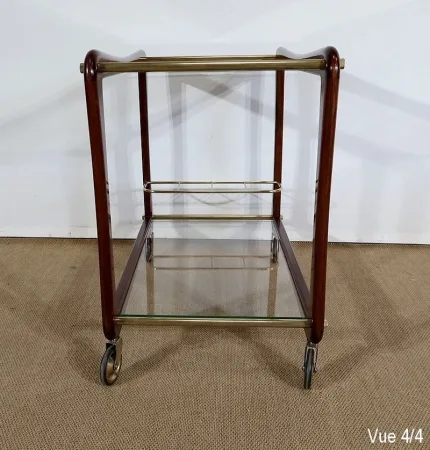 Paire de Tables Dessertes Roulantes en Acajou massif, Verre et Laiton - 1960