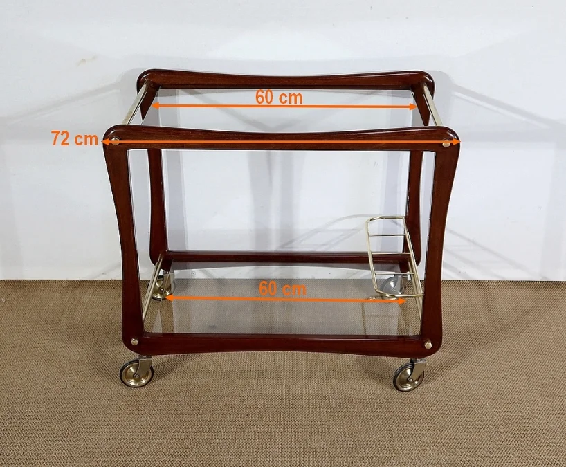 Paire de Tables Dessertes Roulantes en Acajou massif, Verre et Laiton - 1960