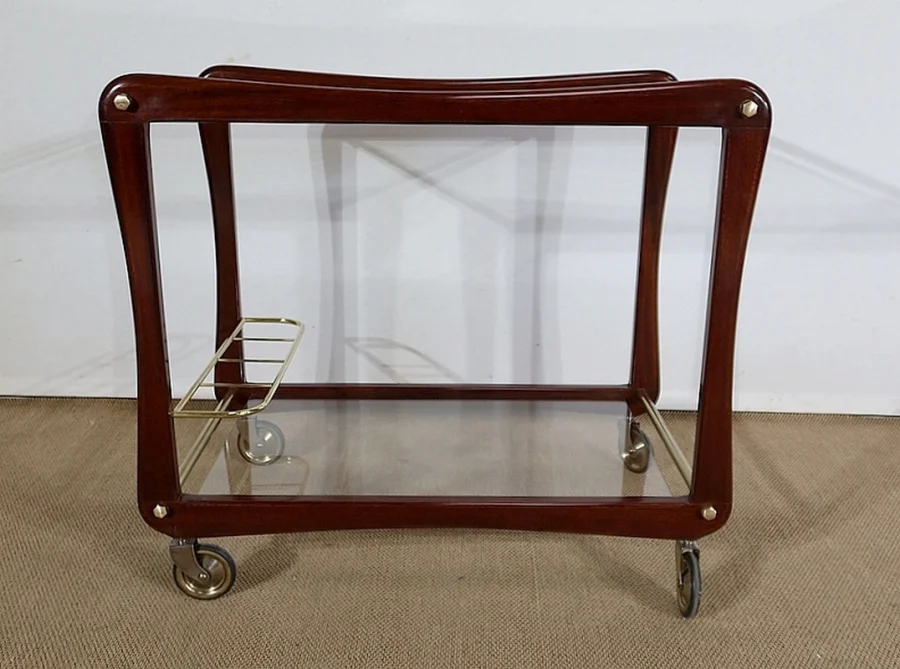 Paire de Tables Dessertes Roulantes en Acajou massif, Verre et Laiton - 1960