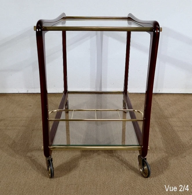 Paire de Tables Dessertes Roulantes en Acajou massif, Verre et Laiton - 1960