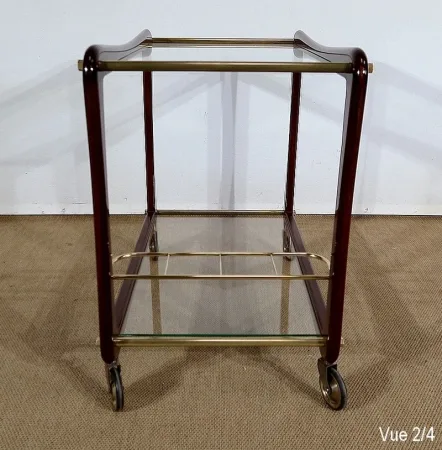 Paire de Tables Dessertes Roulantes en Acajou massif, Verre et Laiton - 1960