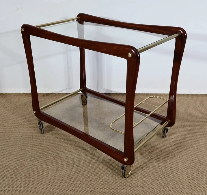 Paire de Tables Dessertes Roulantes en Acajou massif, Verre et Laiton - 1960