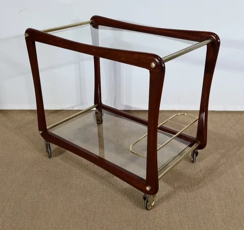 Paire de Tables Dessertes Roulantes en Acajou massif, Verre et Laiton - 1960