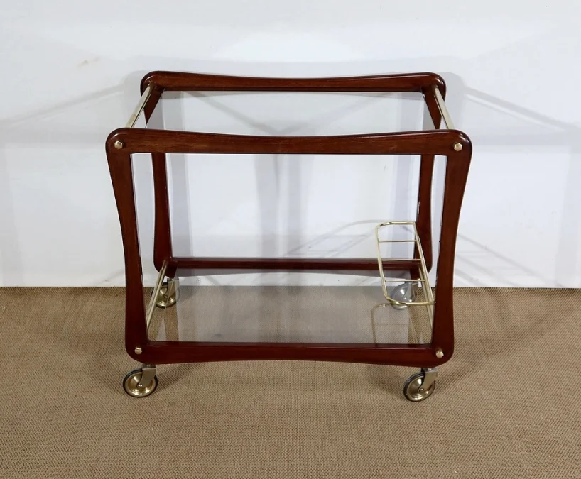 Paire de Tables Dessertes Roulantes en Acajou massif, Verre et Laiton - 1960