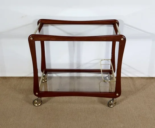 Paire de Tables Dessertes Roulantes en Acajou massif, Verre et Laiton - 1960