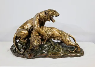 Groupe en Bronze « Combat de Tigres», signé E. Drouot – Fin XIXe