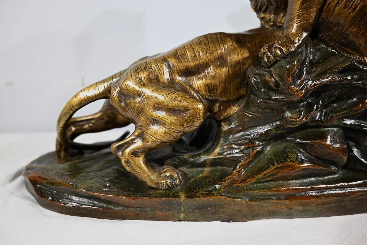 Groupe en Bronze « Combat de Tigres», signé E. Drouot – Fin XIXe