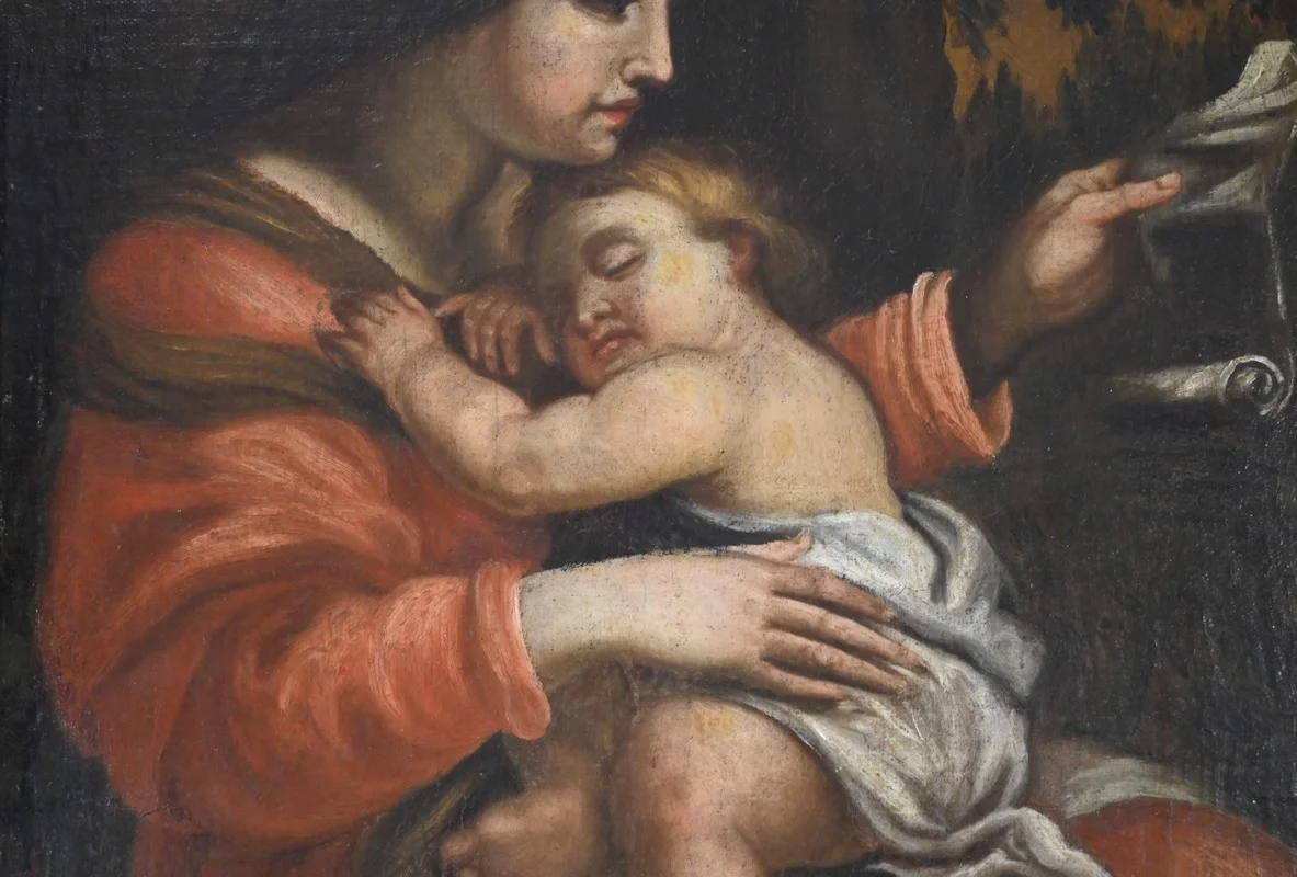PITTURA A OLIO DELLA VERGINE MARIA CON IL BAMBINO