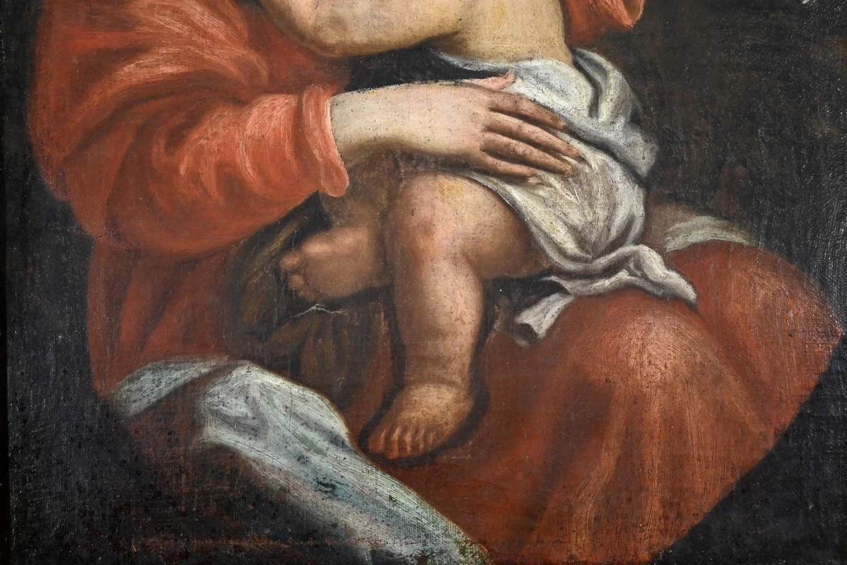 PITTURA A OLIO DELLA VERGINE MARIA CON IL BAMBINO
