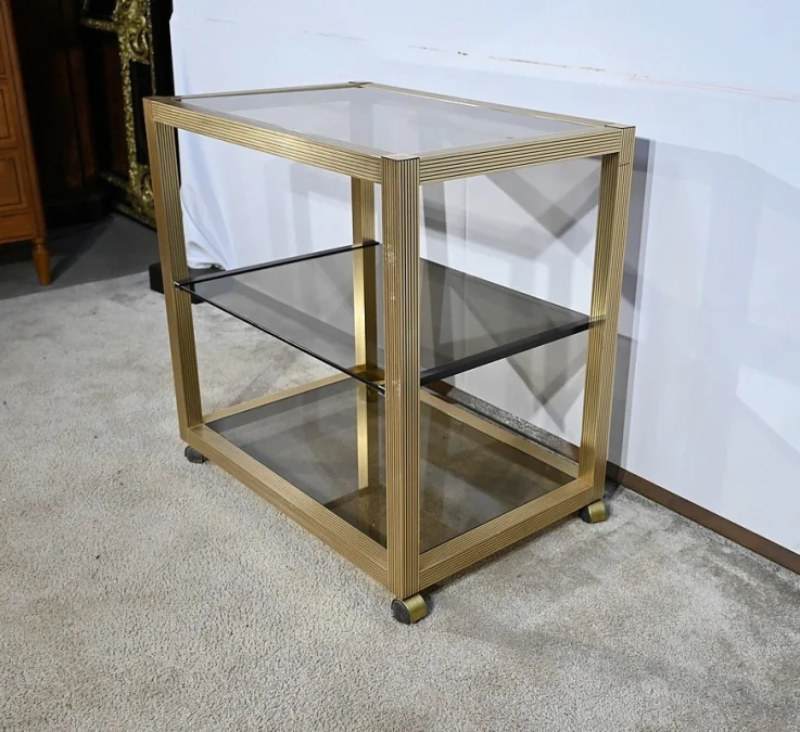 Table Desserte Roulante en Verre Fumé et Laiton, esprit Vandel – 1980