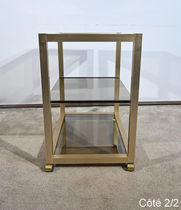 Table Desserte Roulante en Verre Fumé et Laiton, esprit Vandel – 1980